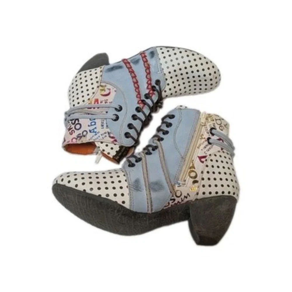 Maia Boho White Shoes Leather Lace-up Low Heel Ankle Boots EU 39 US 8.5 Polkadot
